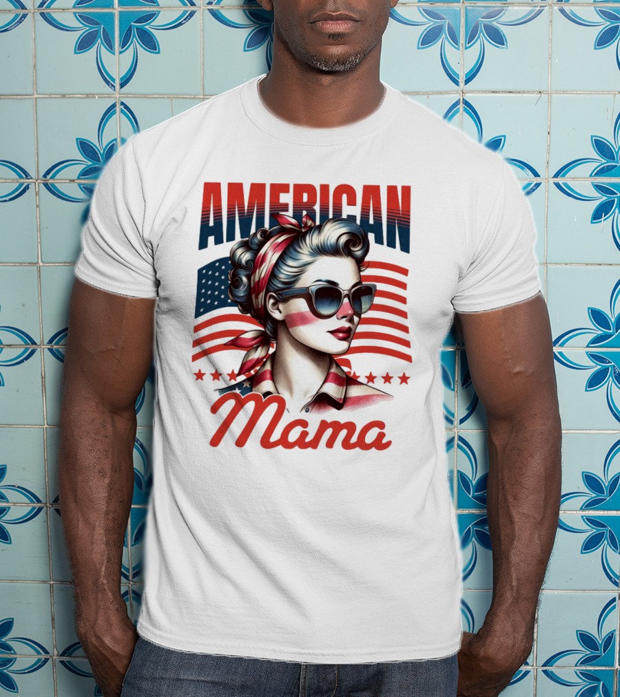 American Mama Vintage Patriotic Bandana Sunglasses Retro Flag Stars T-Shirt