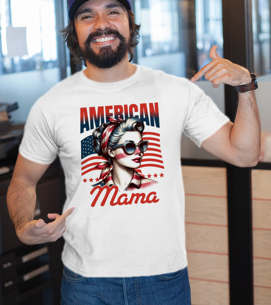 American Mama Vintage Patriotic Bandana Sunglasses Retro Flag Stars T-Shirt