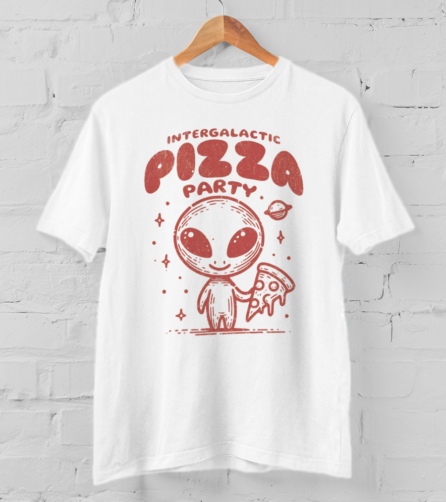Intergalactic Pizza Party Alien Holding Pizza With Stars And Planet T-Shirt