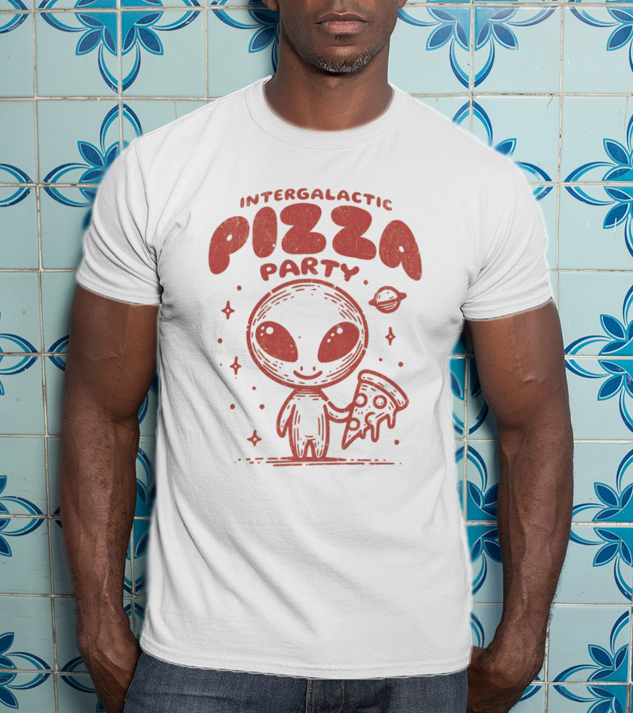 Intergalactic Pizza Party Alien Holding Pizza With Stars And Planet T-Shirt