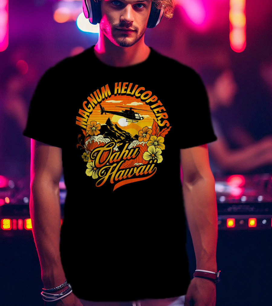 Magnum Helicopters Oahu Hawaii Helicopter Scenic Sunset Tropical Flowers T-Shirt