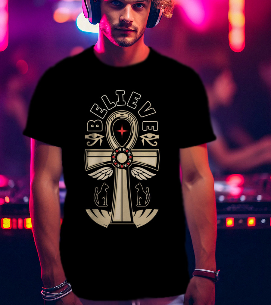 Believe Faith Ankh Symbol With Cats And Wings T-Shirt