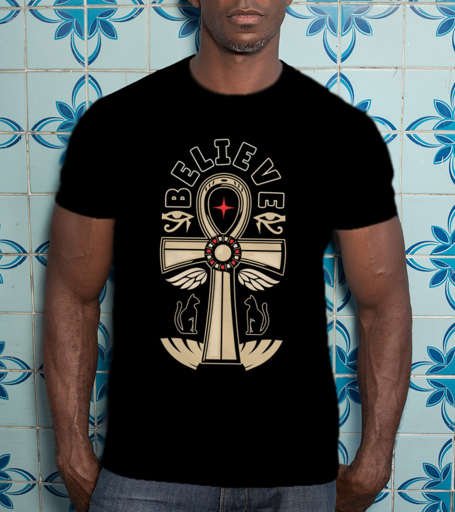 Believe Faith Ankh Symbol With Cats And Wings T-Shirt