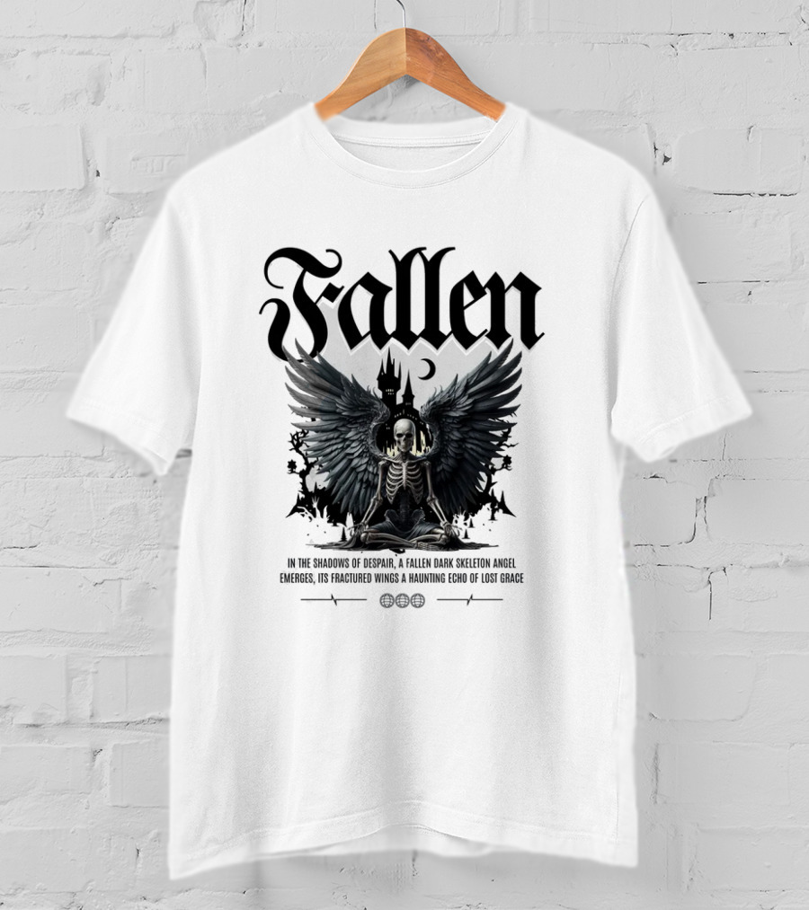Fallen Dark Skeleton Angel With Fractured Wings And Gothic Castle T-Shirt
