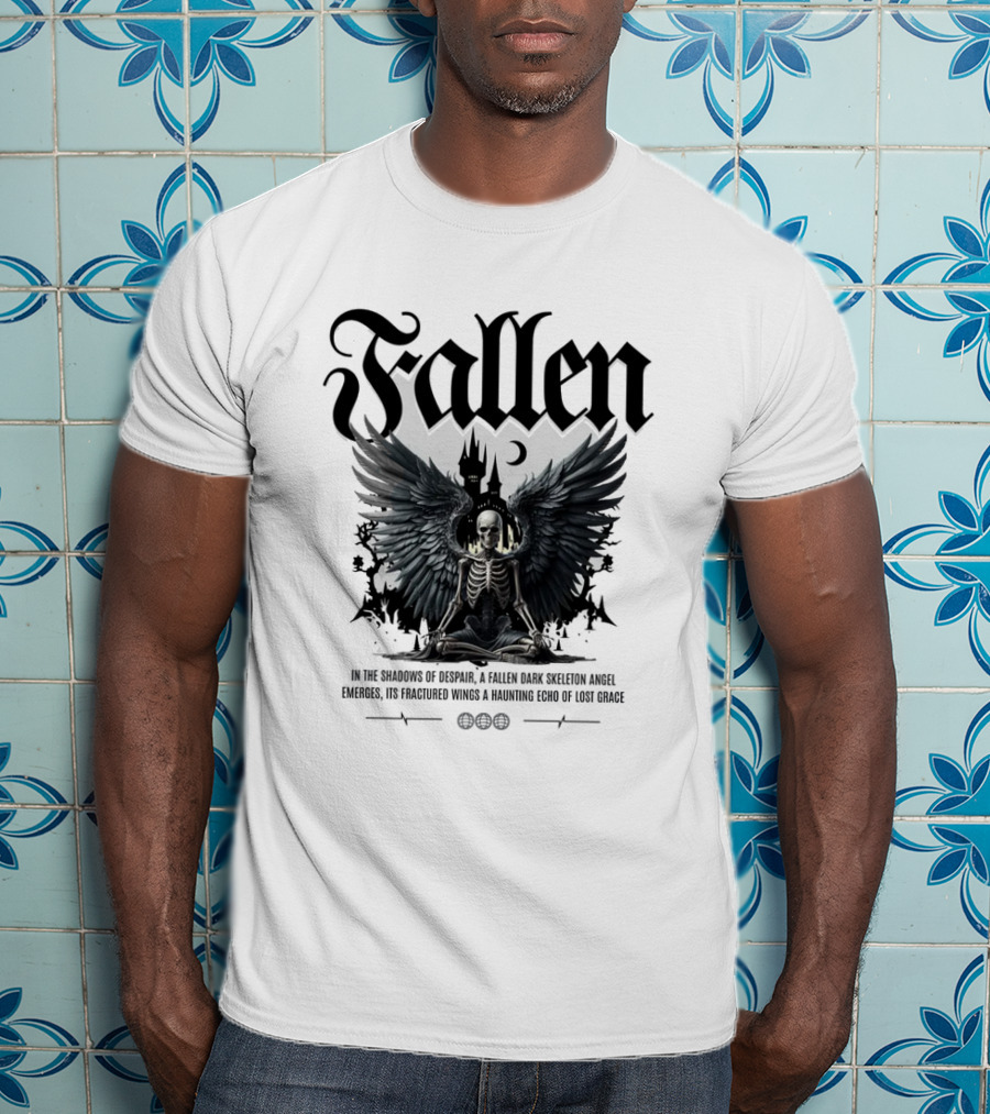 Fallen Dark Skeleton Angel With Fractured Wings And Gothic Castle T-Shirt