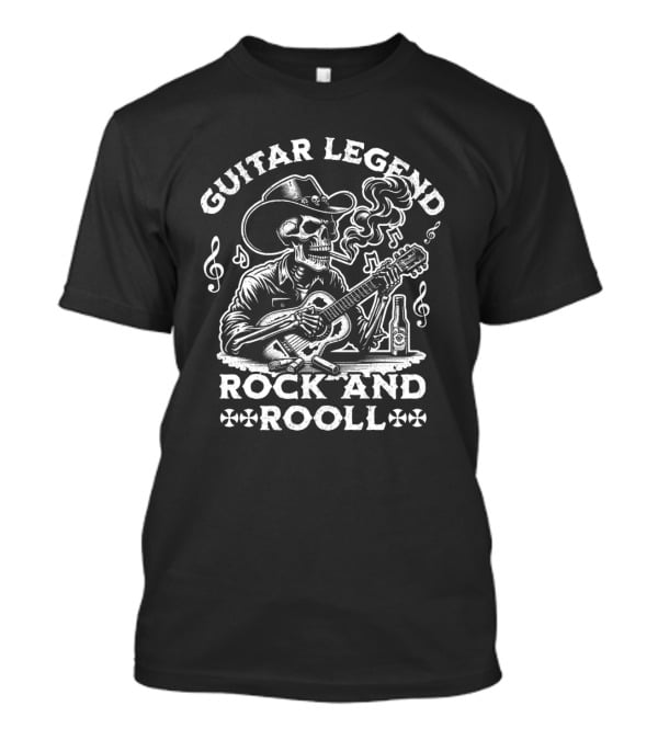Guitar Legend Rock And Roll Skeleton Cowboy Playing Guitar With Smoking And Musical Notes T-Shirt