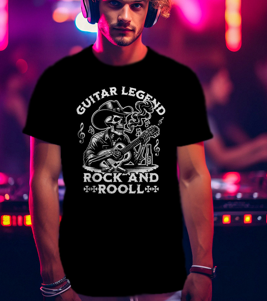 Guitar Legend Rock And Roll Skeleton Cowboy Playing Guitar With Smoking And Musical Notes T-Shirt