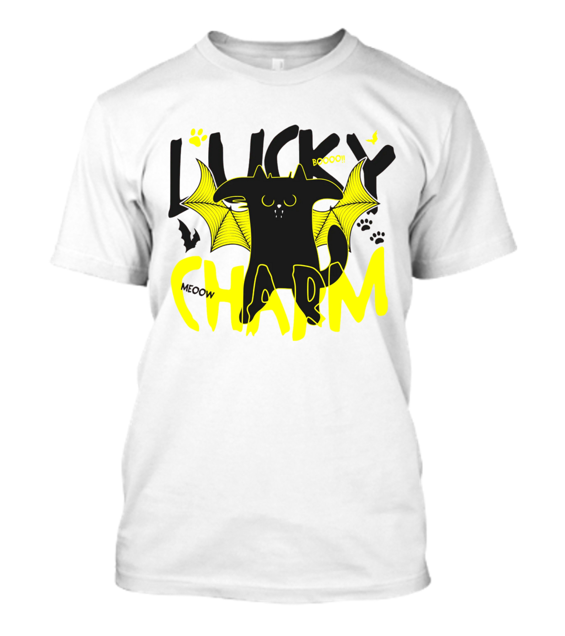 LUCKY CHARM Meow Boooo Bat Wings Cat Paw Prints T-Shirt