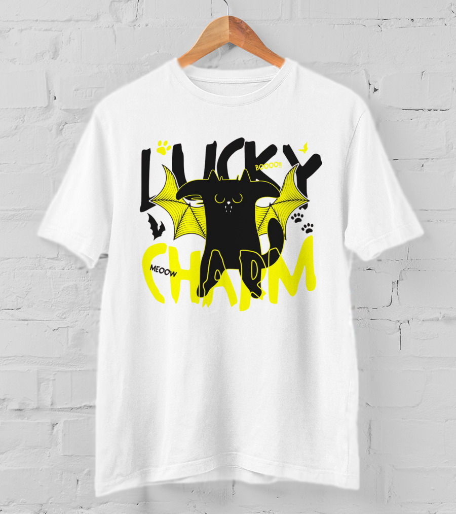LUCKY CHARM Meow Boooo Bat Wings Cat Paw Prints T-Shirt