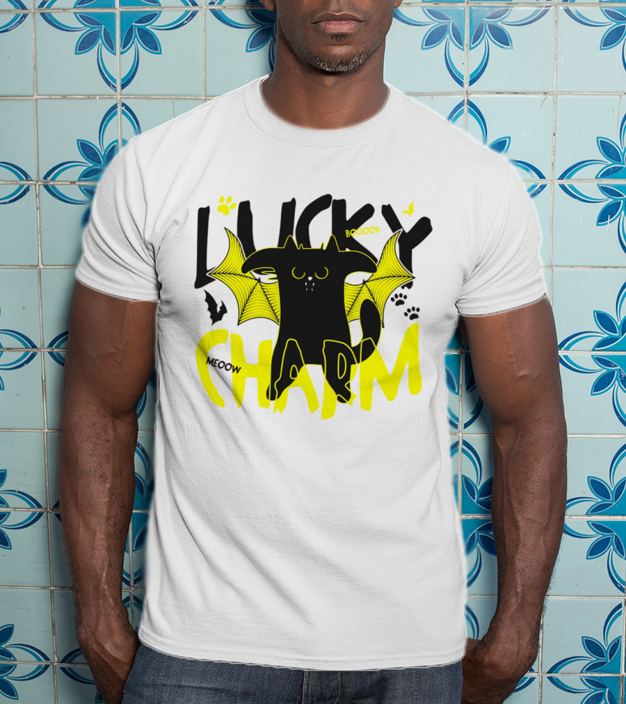LUCKY CHARM Meow Boooo Bat Wings Cat Paw Prints T-Shirt