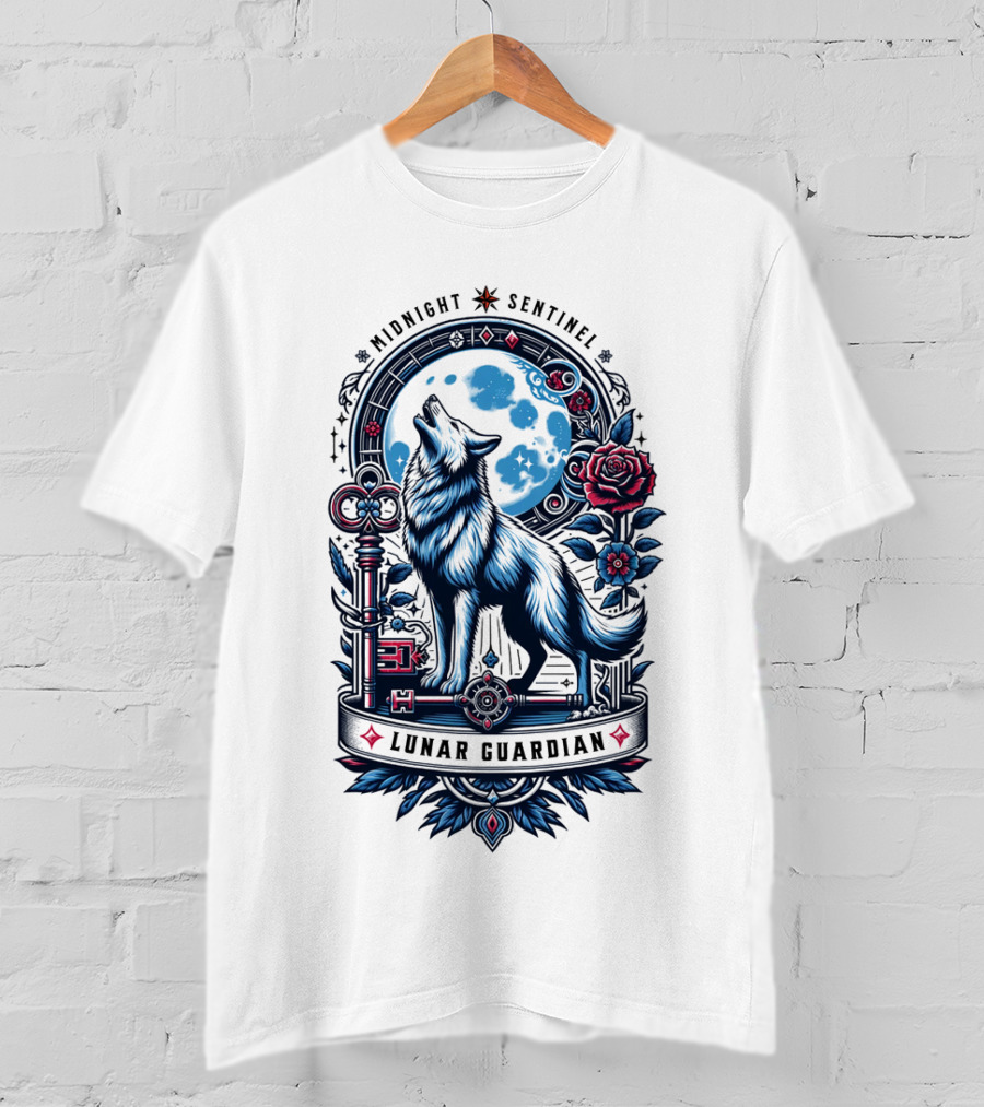Midnight Sentinel Lunar Guardian Key And Roses Howling Wolf Moon T-Shirt
