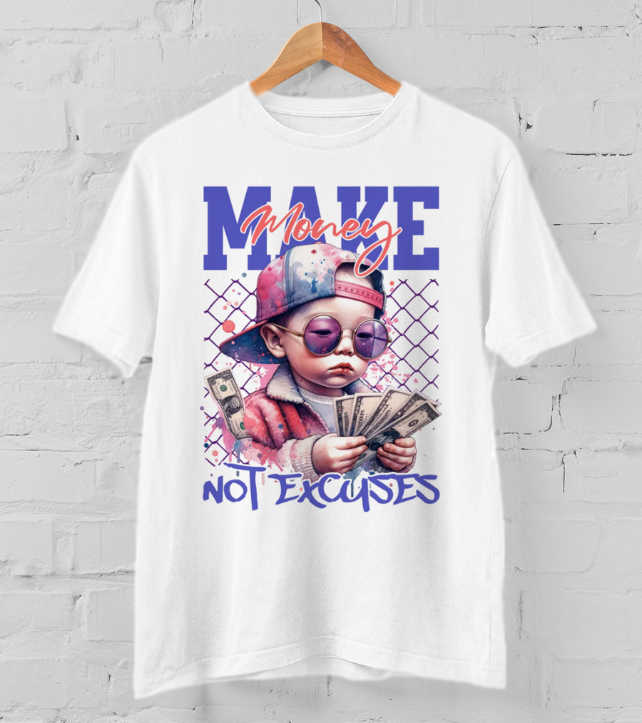 MAKE Money NOT EXCUSES Kid With Sunglasses Counting Cash T-Shirt
