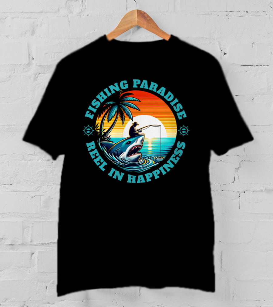 Fishing Paradise Reel In Happiness Sunset Shark Adventure T-Shirt