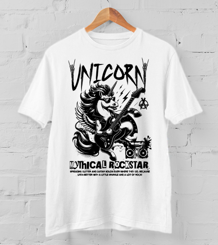 Unicorn Mythical Rockstar Spreading Glitter And Guitar Solos Sparkle Music Rock T-Shirt