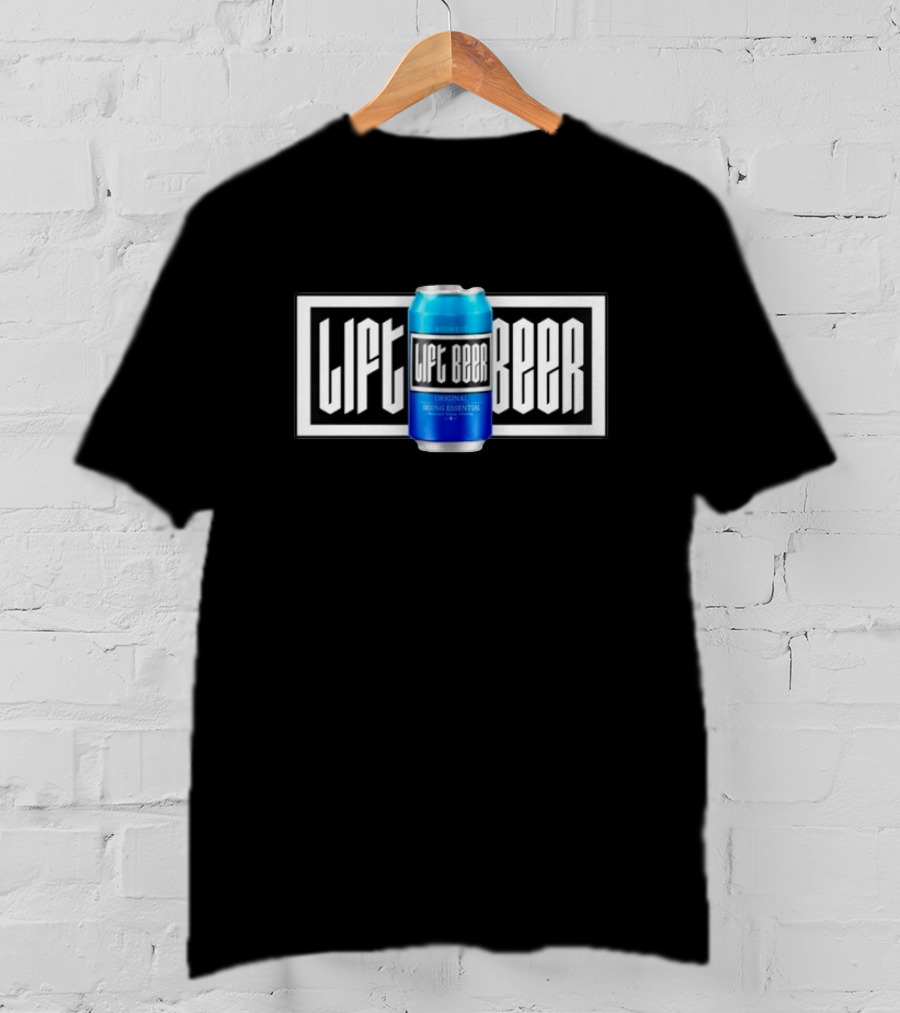 Lift Beer Original Drinking Essential Emblem - Black And White Background With Blue Can T-Shirt