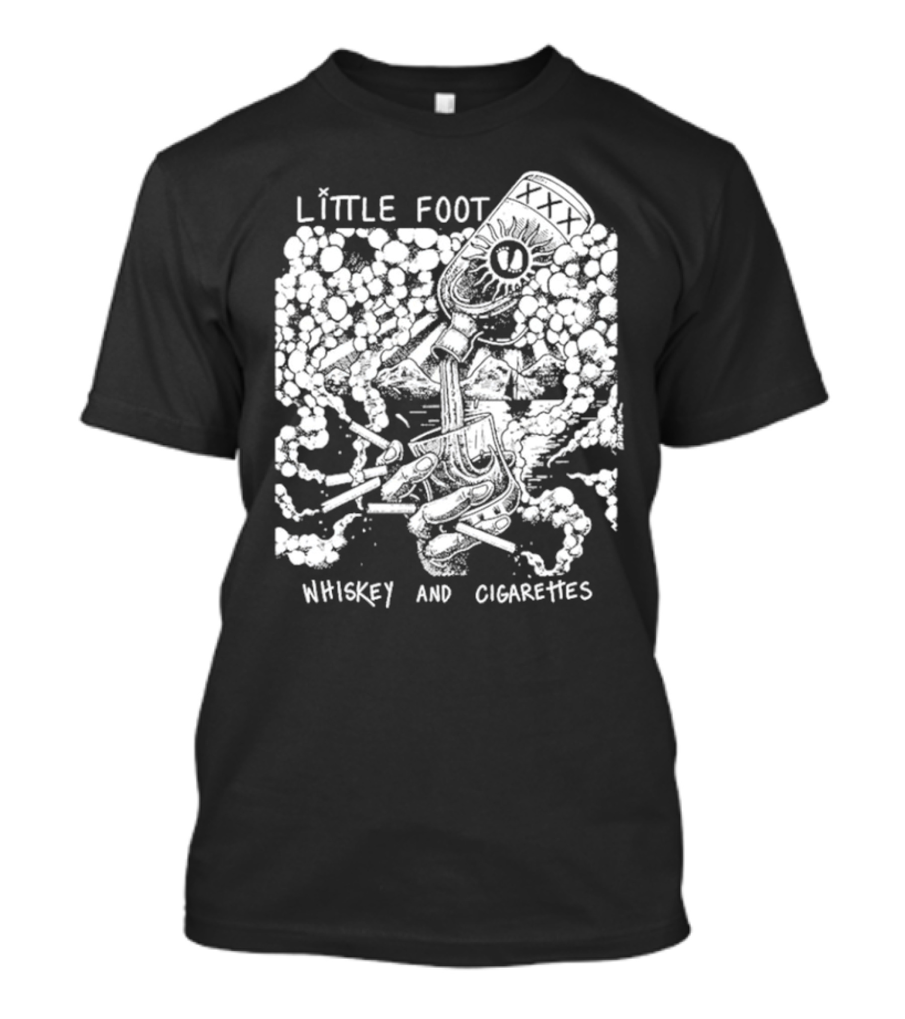 Little Foot Whiskey And Cigarettes Hand Holding Cigarettes And Pouring XXX Bottle In Cloudy Mountains Scene T-Shirt