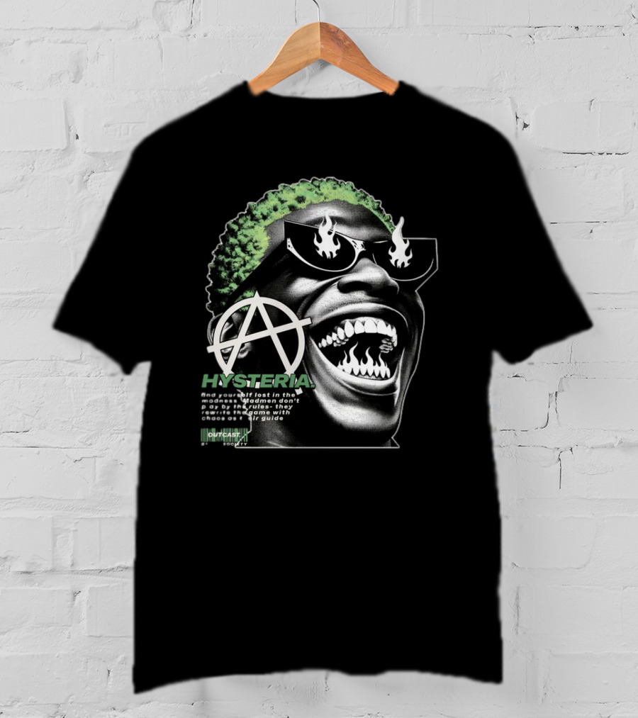 Hysteria Outcast Society Anarchy Flames Green Hair Smiling Face T-Shirt