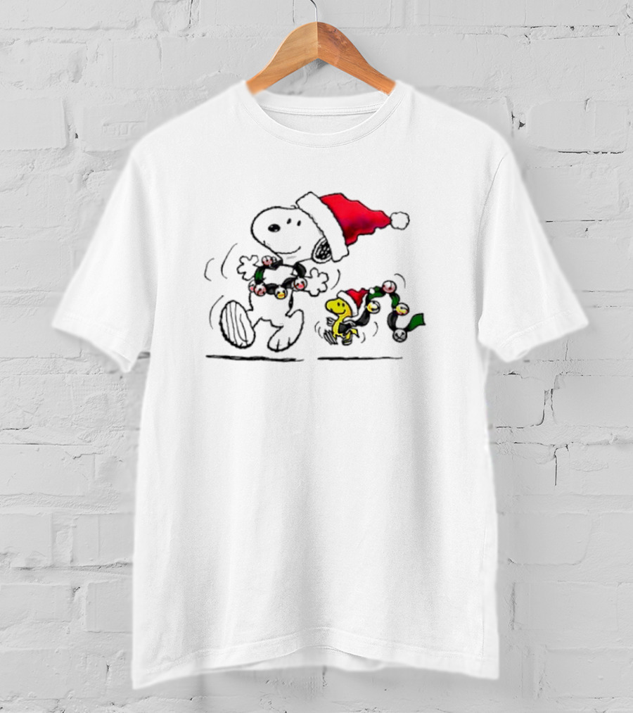 Santa Snoopy And Woodstock Christmas Lights Cartoon T-Shirt