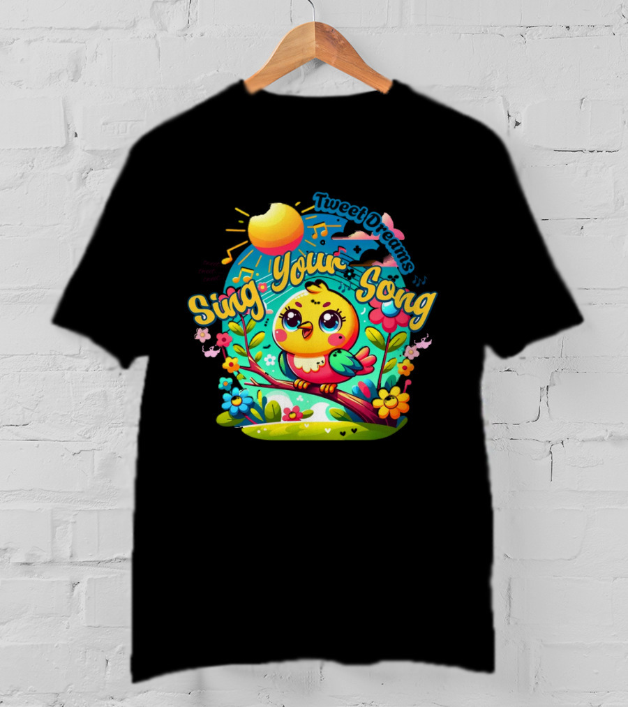 Tweet Dreams Sing Your Song Brightly-Colored Cartoon Bird And Musical Notes T-Shirt