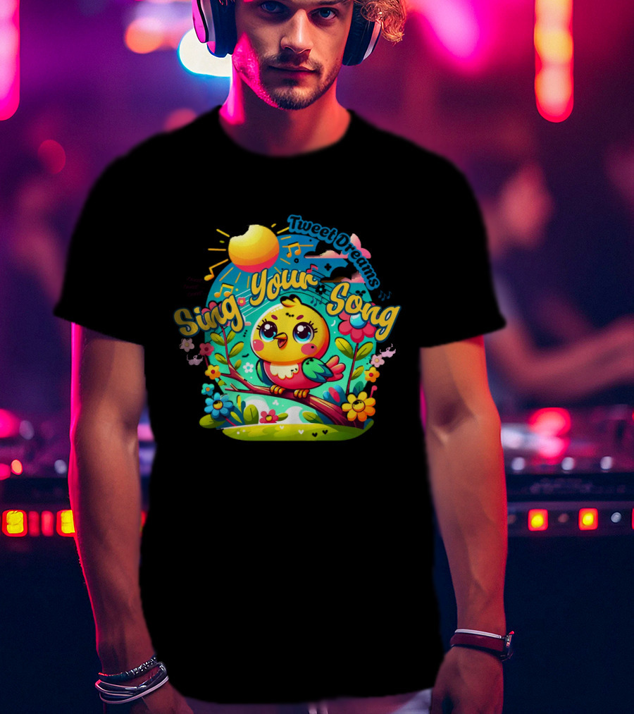 Tweet Dreams Sing Your Song Brightly-Colored Cartoon Bird And Musical Notes T-Shirt