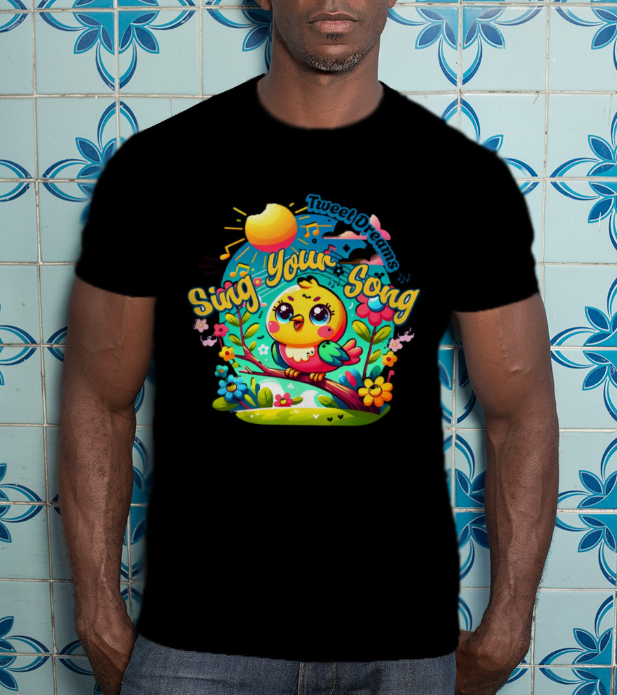 Tweet Dreams Sing Your Song Brightly-Colored Cartoon Bird And Musical Notes T-Shirt