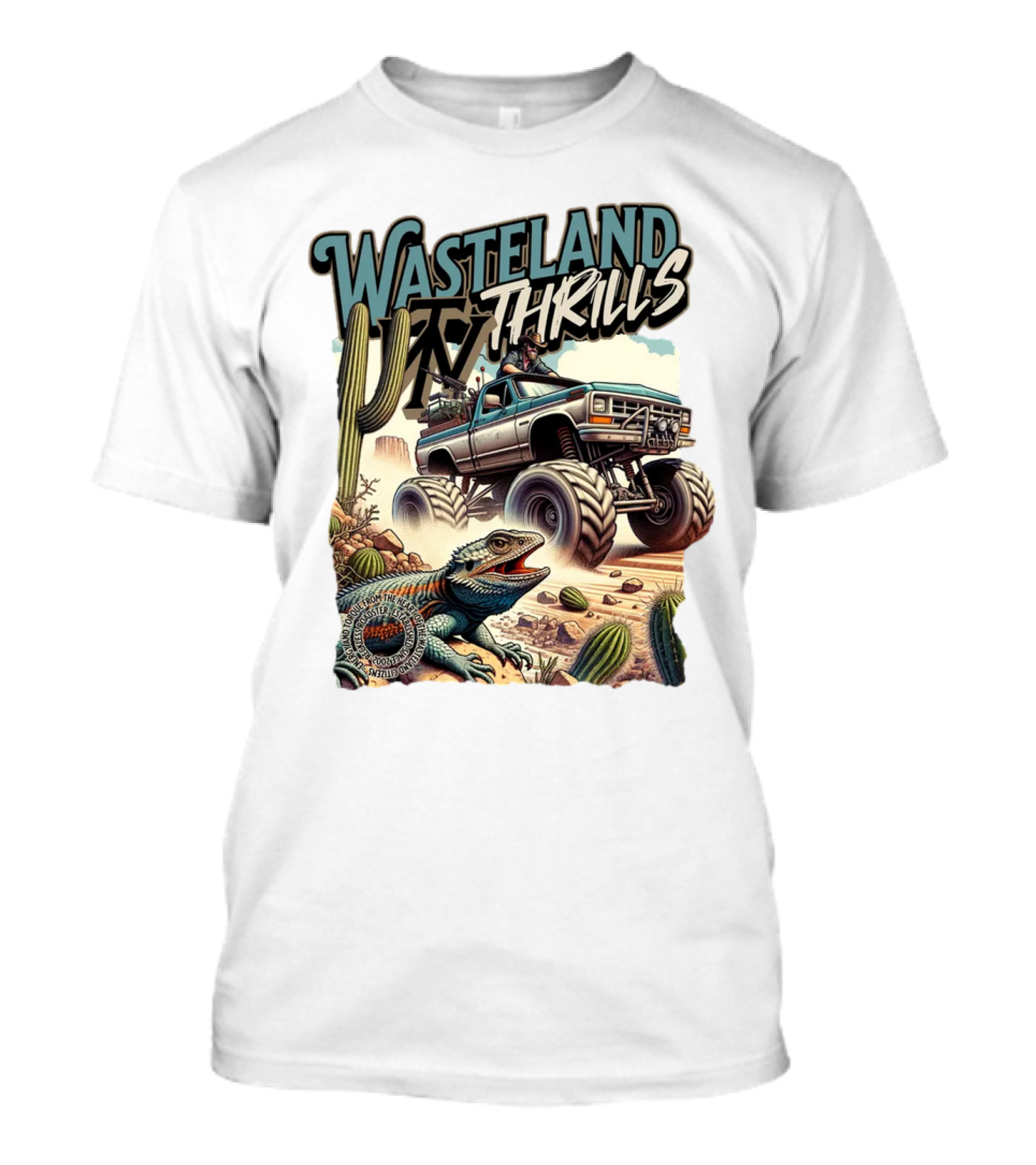 Wasteland Thrills Monster Truck Adventure With Lizard And Cactus Desert Scene T-Shirt