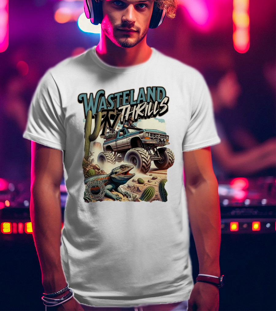Wasteland Thrills Monster Truck Adventure With Lizard And Cactus Desert Scene T-Shirt