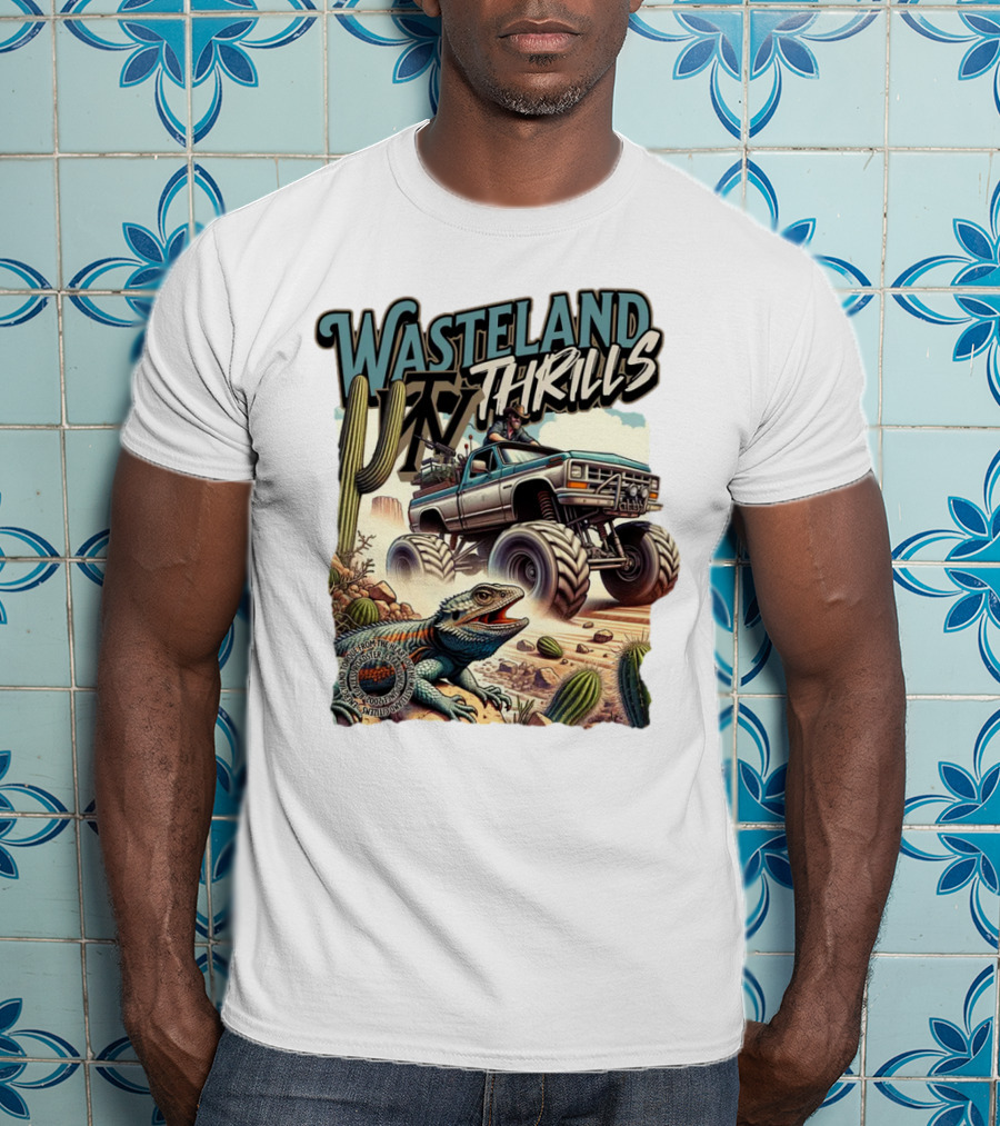 Wasteland Thrills Monster Truck Adventure With Lizard And Cactus Desert Scene T-Shirt