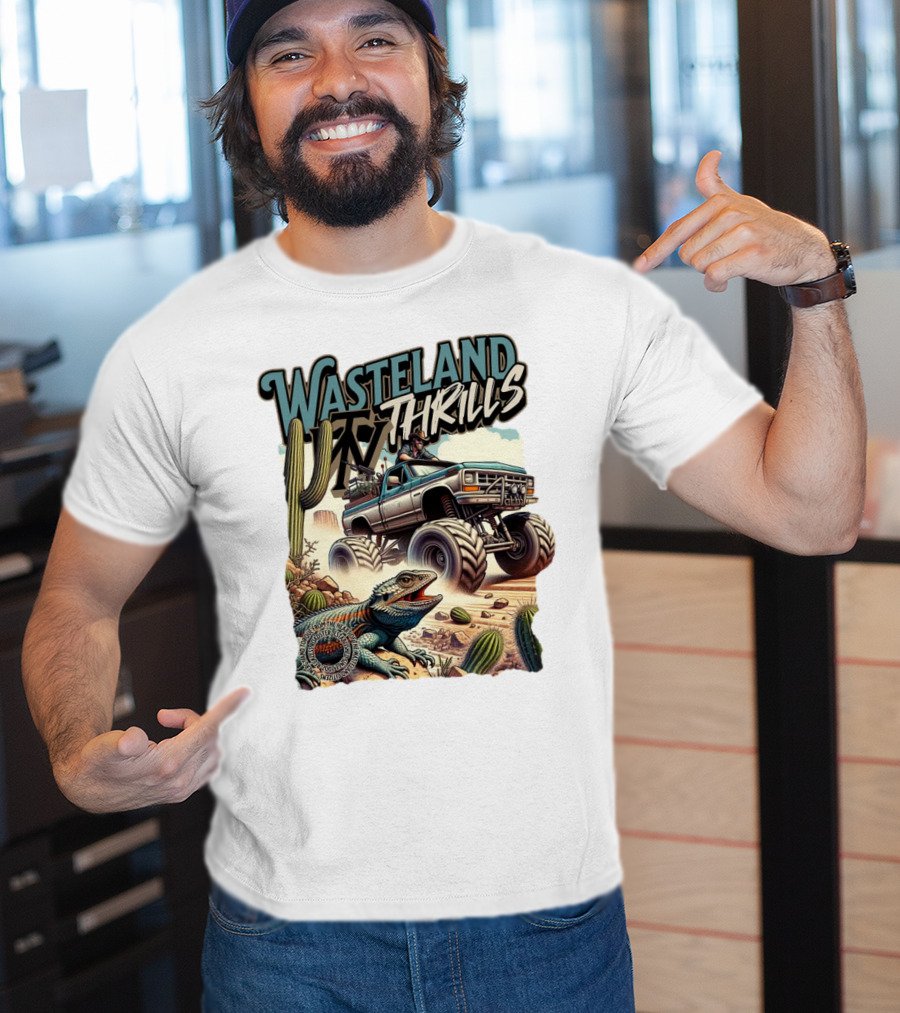 Wasteland Thrills Monster Truck Adventure With Lizard And Cactus Desert Scene T-Shirt