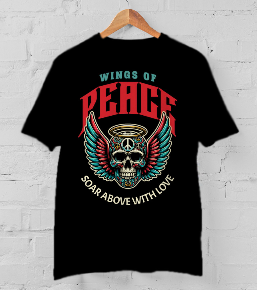 Wings Of Peace Soar Above With Love Peace Symbol Skull And Wings T-Shirt
