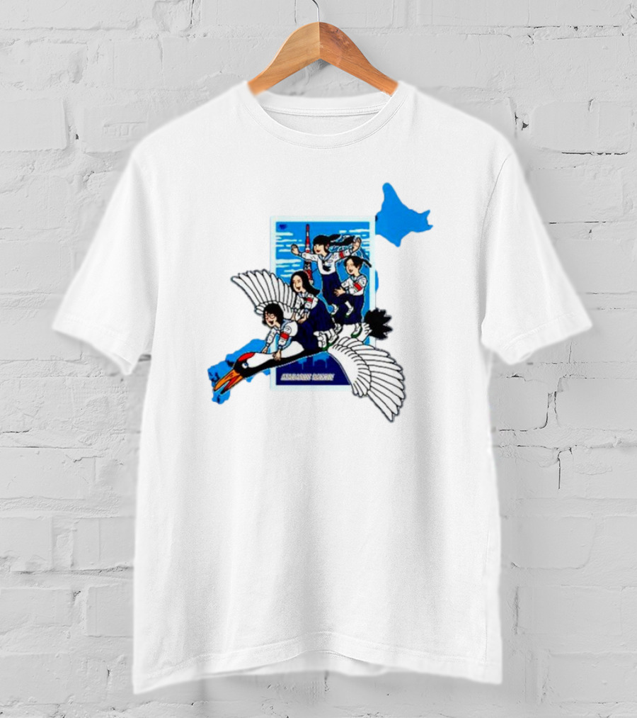 Atarashii Gakko Navy Crane Cartoon With Energetic Flyers And Blue Map Highlight T-Shirt