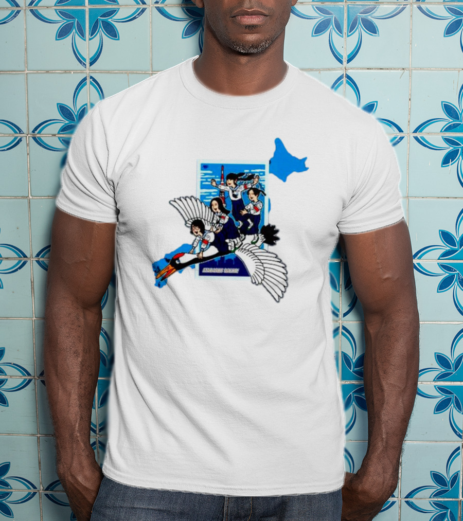 Atarashii Gakko Navy Crane Cartoon With Energetic Flyers And Blue Map Highlight T-Shirt