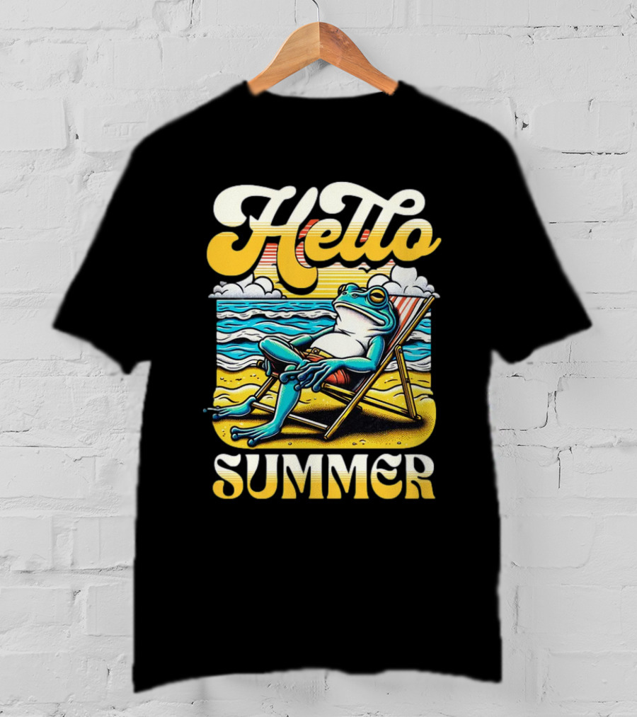 Hello Summer Frog Vintage Beach Scene T-Shirt
