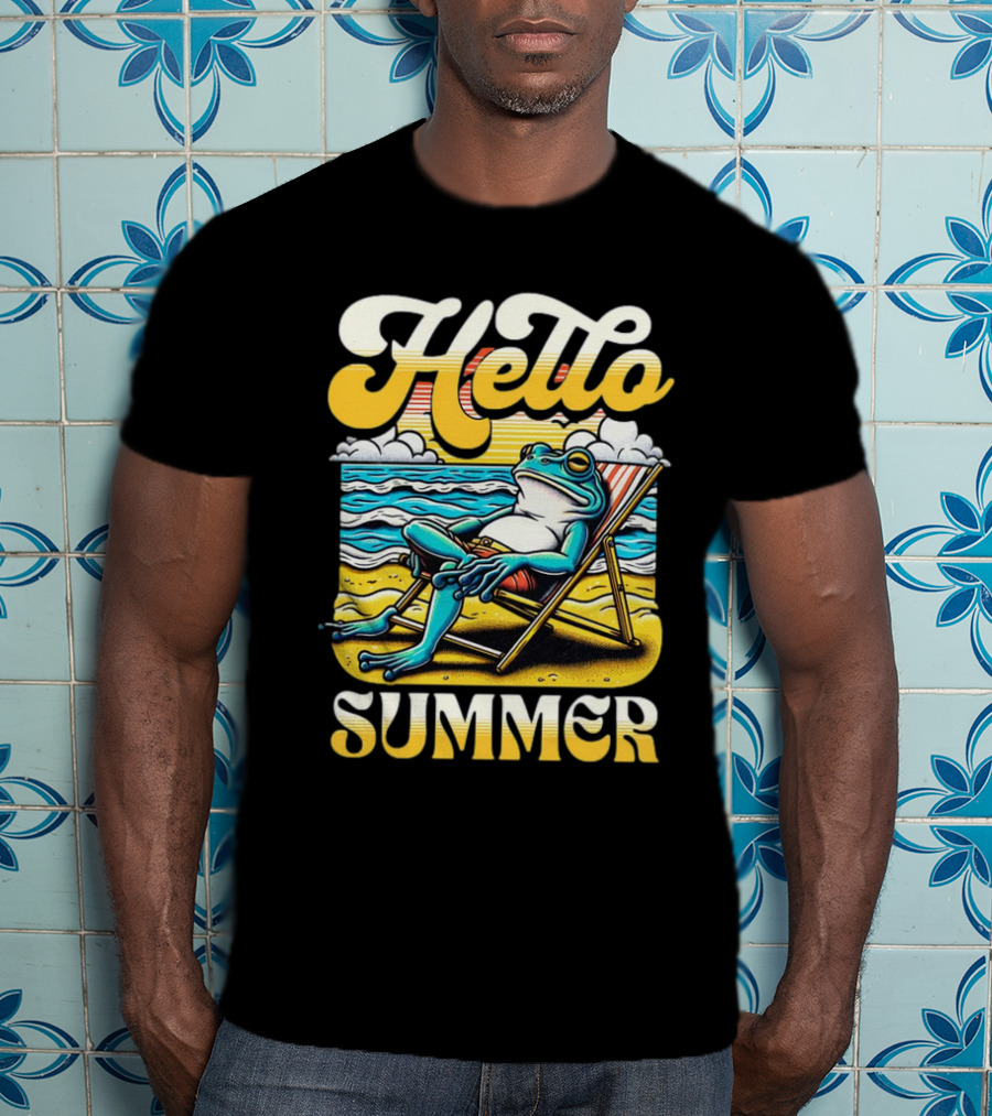 Hello Summer Frog Vintage Beach Scene T-Shirt