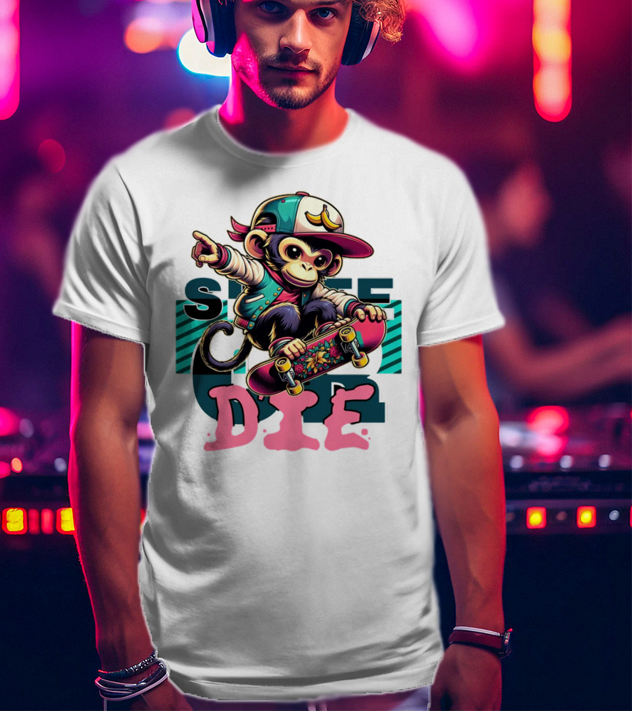 Skate Or Die Monkey On Skateboard With Cap And Jacket T-Shirt