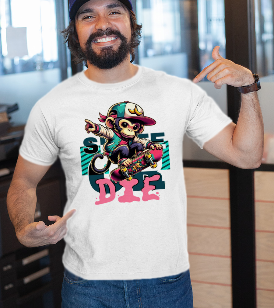 Skate Or Die Monkey On Skateboard With Cap And Jacket T-Shirt