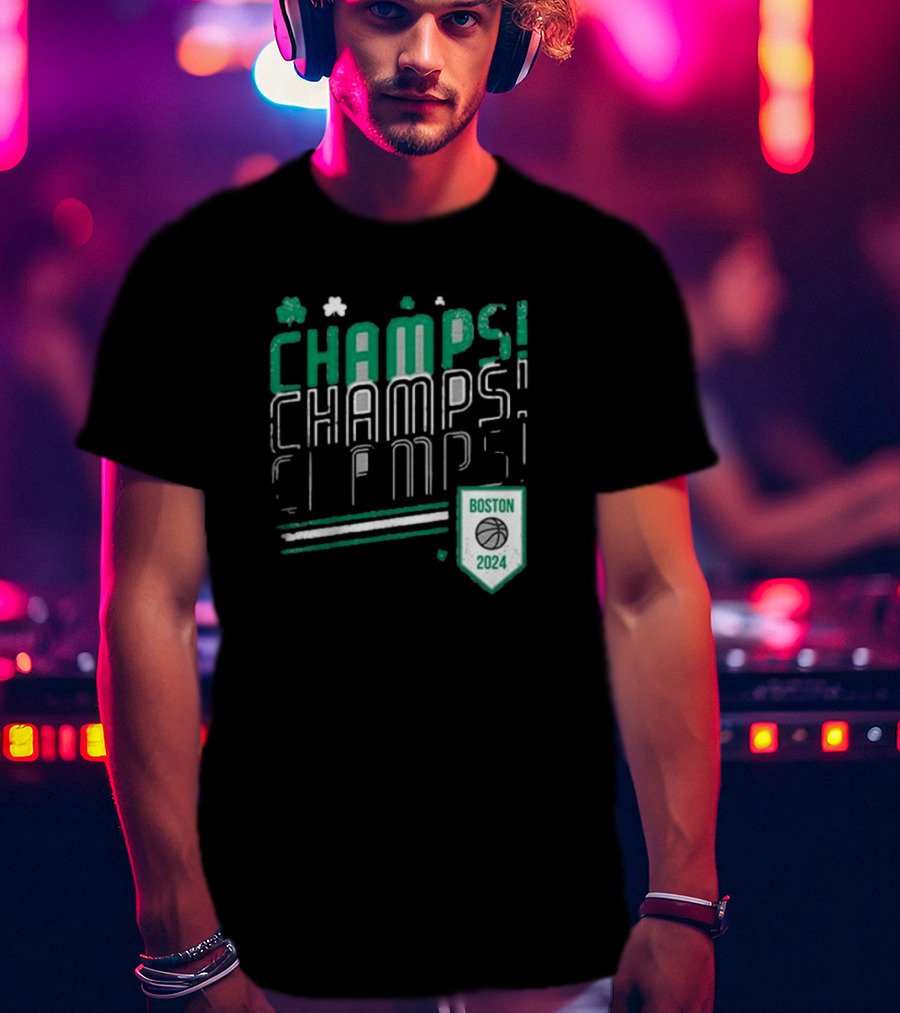 Boston Celtics ’24 Champs Champs Champs Basketball Shield T-Shirt