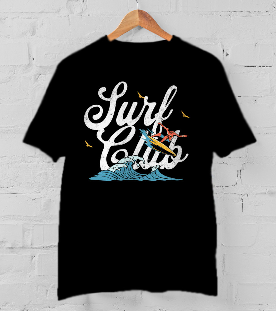 Surf Club Vintage Surfing Wave With Seagulls And Surfer T-Shirt