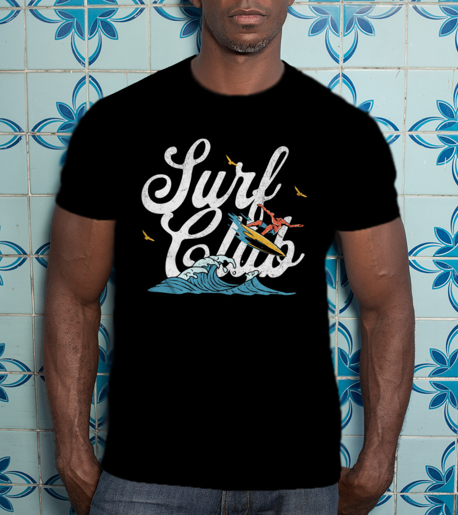 Surf Club Vintage Surfing Wave With Seagulls And Surfer T-Shirt