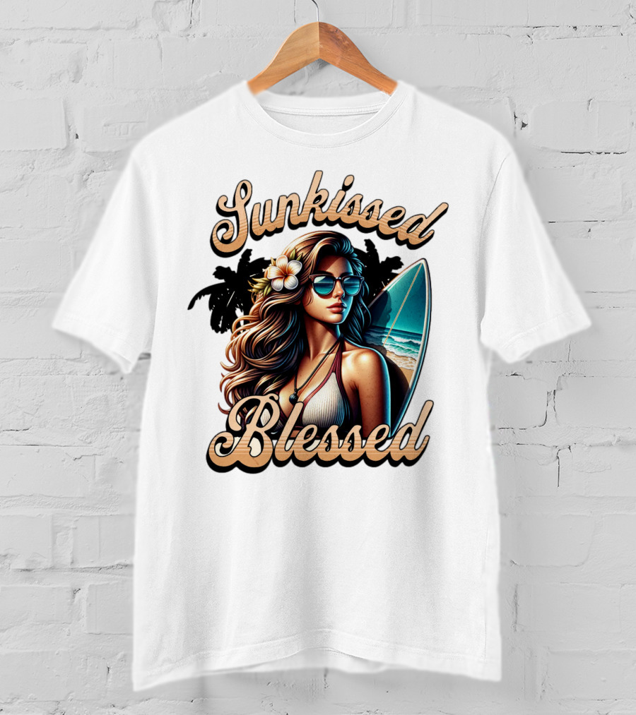 Sunkissed Blessed Surfer Girl In Sunglasses With Surfboard And Flower In Hair T-Shirt