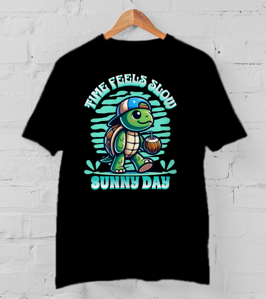Time Feels Slow With Sunny Day Turtle In Hat And Coconut T-Shirt