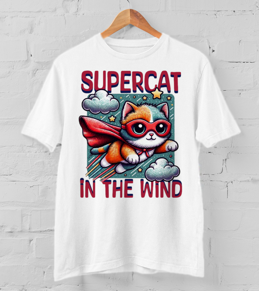 SUPER CAT IN THE WIND STAR ADVENTURE WITH CLOUDS AND CAPE T-Shirt