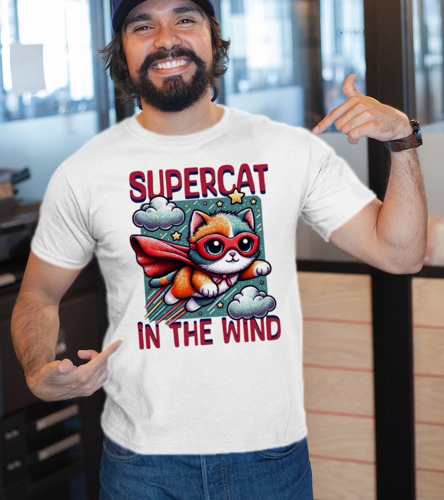 SUPER CAT IN THE WIND STAR ADVENTURE WITH CLOUDS AND CAPE T-Shirt