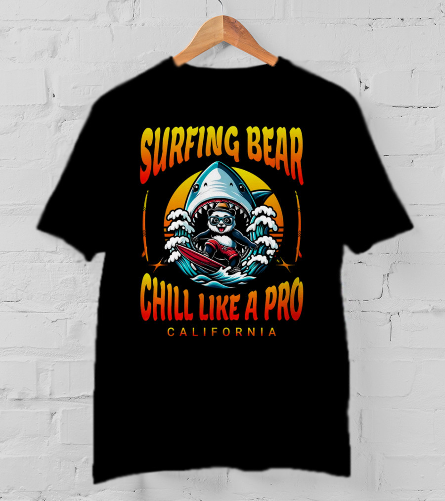 Surfing Bear Chill Like A Pro California Shark Waves Adventure T-Shirt