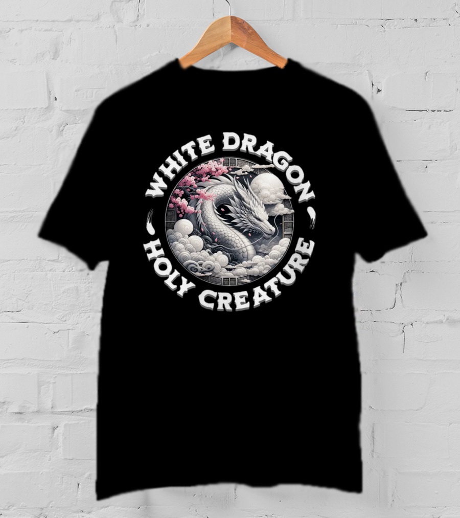 White Dragon Holy Creature Cherry Blossom Circular T-Shirt