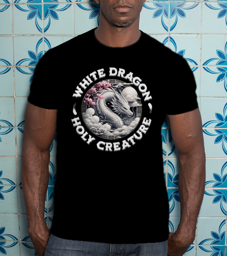 White Dragon Holy Creature Cherry Blossom Circular T-Shirt