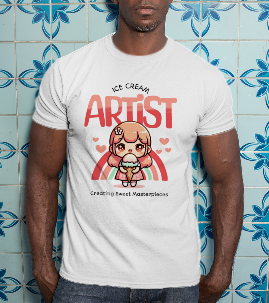 Ice Cream Artist Creating Sweet Masterpieces Kawaii Girl With Hearts And Rainbow T-Shirt