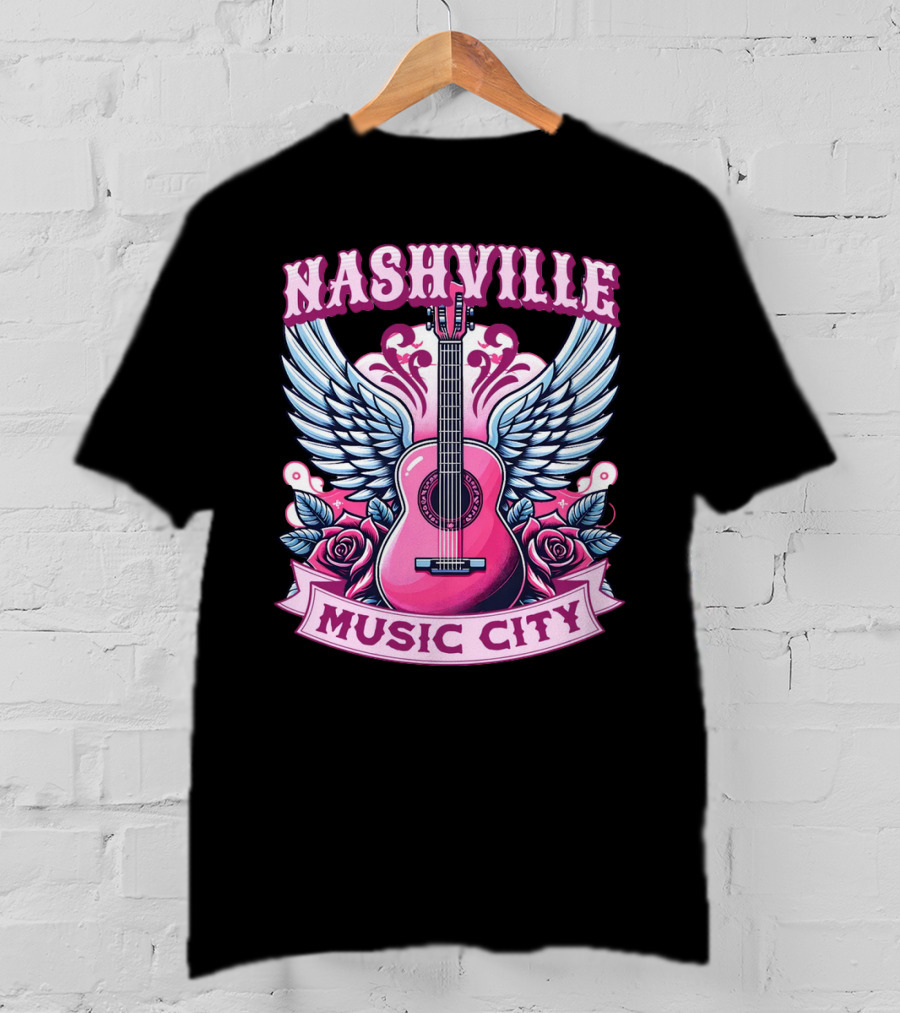 Nashville Music City Pink Guitar Wings Roses T-Shirt