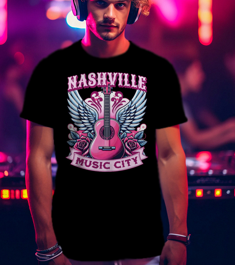 Nashville Music City Pink Guitar Wings Roses T-Shirt