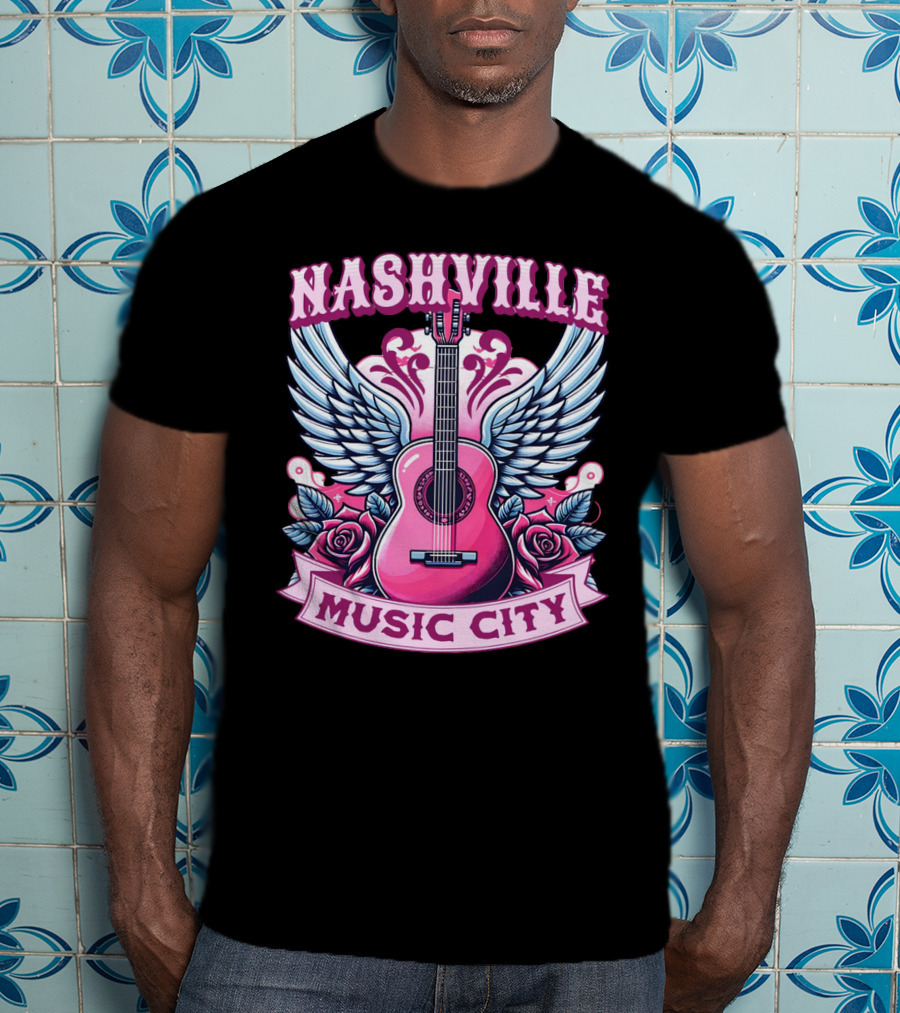 Nashville Music City Pink Guitar Wings Roses T-Shirt